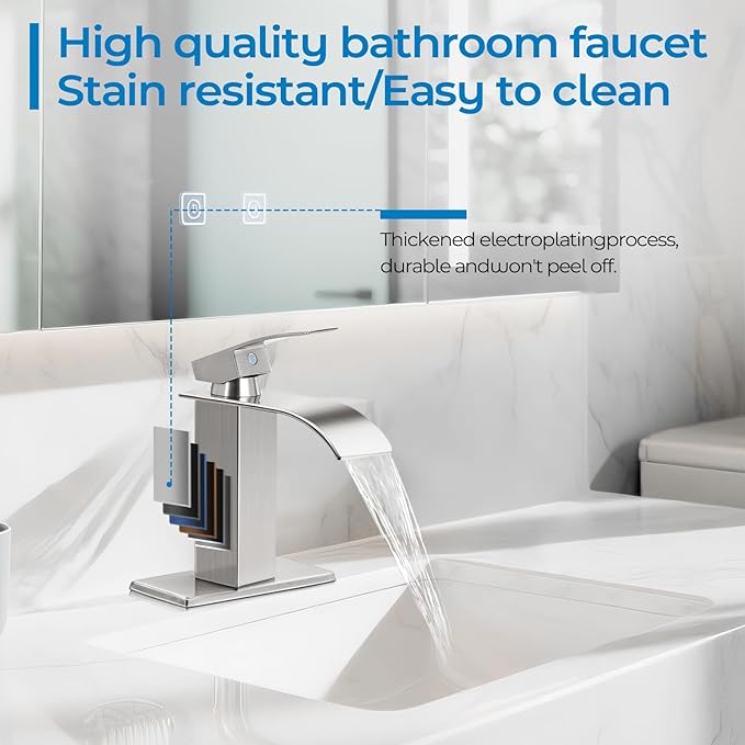 Brushed Nickel Bathroom Faucets *2, Waterfall Bathroom Sink Faucet Modern Single Handle Bathroom Faucte 1 or 3 Hole, RV Mixer Tap Vanity Faucet - Includes Pop-up Drain