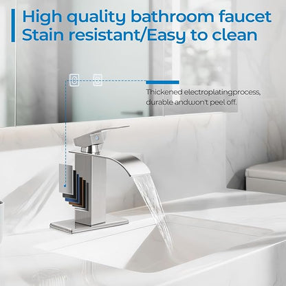 Brushed Nickel Bathroom Faucets *2, Waterfall Bathroom Sink Faucet Modern Single Handle Bathroom Faucte 1 or 3 Hole, RV Mixer Tap Vanity Faucet - Includes Pop-up Drain