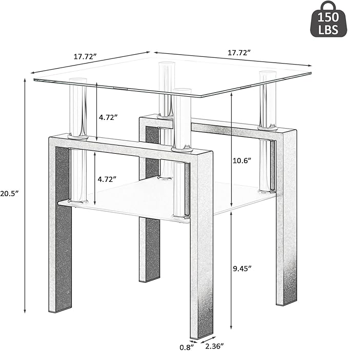 IANIYA Modern Glass Side Table, 2-Tier End Table with Tempered Glass Top & Metal Legs, Night Stand Corner Small Table for Living Room, Bedroom, Small Space