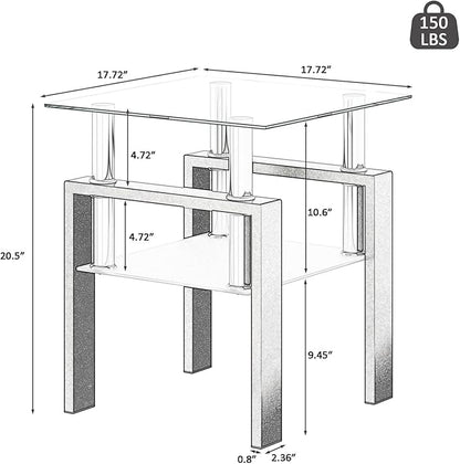 IANIYA Modern Glass Side Table, 2-Tier End Table with Tempered Glass Top & Metal Legs, Night Stand Corner Small Table for Living Room, Bedroom, Small Space