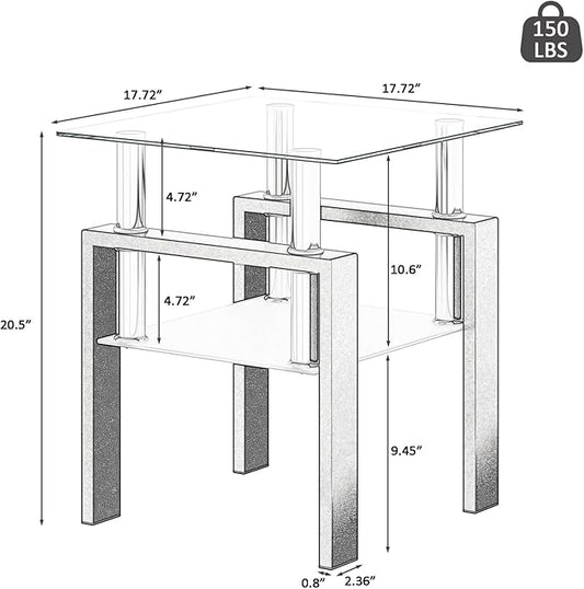 IANIYA Modern Glass Side Table, 2-Tier End Table with Tempered Glass Top & Metal Legs, Night Stand Corner Small Table for Living Room, Bedroom, Small Space