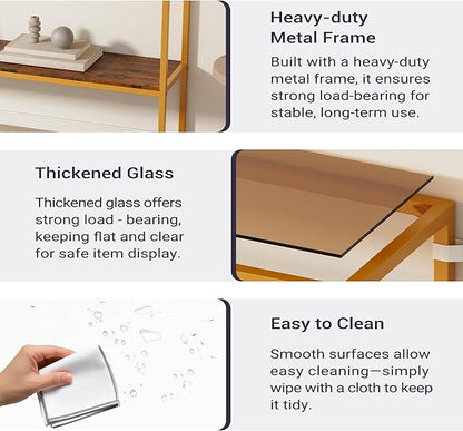 Furnify Console Sofa Table, 52" Modern Entryway Table, 2-Tier Open Shelf with Tempered Glass, Metal Frame Behind Couch Table with Gold Metal Frame for Living Room Hallway Entrance, Brown