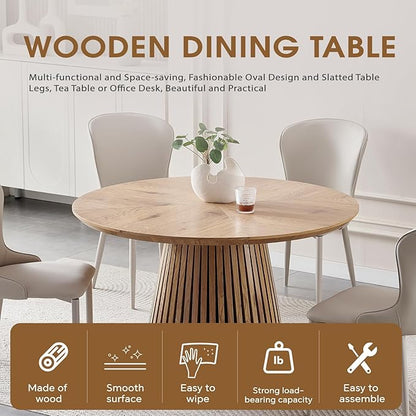 47 inch Round Dining Table for 4-6, Wooden Circle Round Kitchen Table with Wood Strip Pedestal Base, Modern Farmhouse Round Dining Room Table for Family Meals, Gatherings, Dinner Party, Living Room