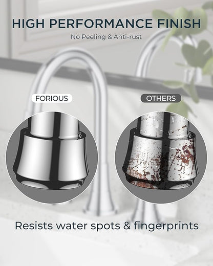 FORIOUS Chrome Bathroom Faucet Vanity 3 Holes, 8 Inch Widespread Polished Chrome Faucet for Bathroom Sink 3 Piece with Pop-up Drain and 360 Degree Swivel Spout, Silver Rv Lavatory Tap