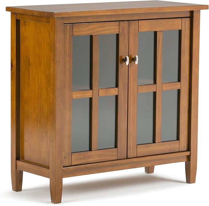 SIMPLIHOME Warm Shaker Storage Cabinet - 32 inch Wide Solid Wood 2-Shelf Low Storage Cabinet in Light Golden Brown, Transitional Accent Cabinet for Entryway with Tempered Glass Doors and Shelves