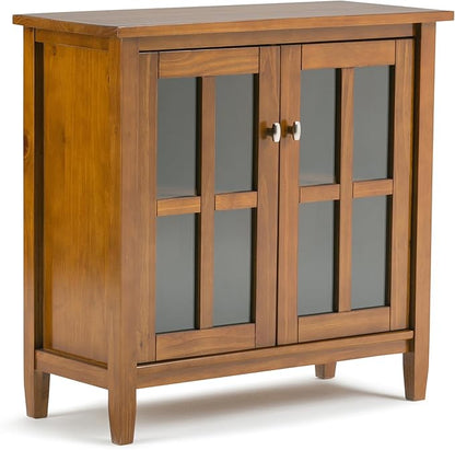 SIMPLIHOME Warm Shaker Storage Cabinet - 32 inch Wide Solid Wood 2-Shelf Low Storage Cabinet in Light Golden Brown, Transitional Accent Cabinet for Entryway with Tempered Glass Doors and Shelves