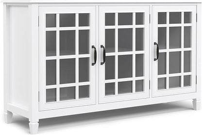 SIMPLIHOME Connaught Storage Cabinet - 60 inch Wide Solid Wood Buffet in White, Traditional Sideboard for Dining Room, Entryway, or Living Room with Glass Doors, Adjustable Shelves, and Notched Legs