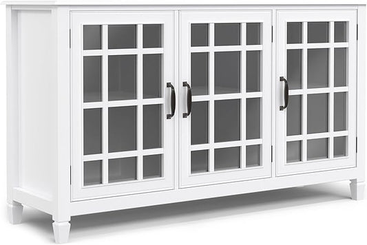 SIMPLIHOME Connaught Storage Cabinet - 60 inch Wide Solid Wood Buffet in White, Traditional Sideboard for Dining Room, Entryway, or Living Room with Glass Doors, Adjustable Shelves, and Notched Legs