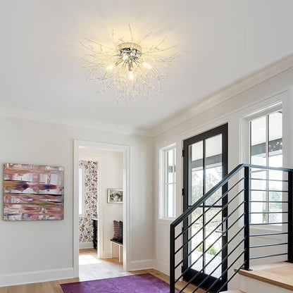 Modern Small Crystal Ceiling Light Fixture, 4-Light Chrome Crystal Sputnik Firework Chandelier, Semi Flush Mount Ceiling Light Fixtures for Bedroom Kitchen Hallway Entryway Bathroom(H9.5'' x W17.7'')