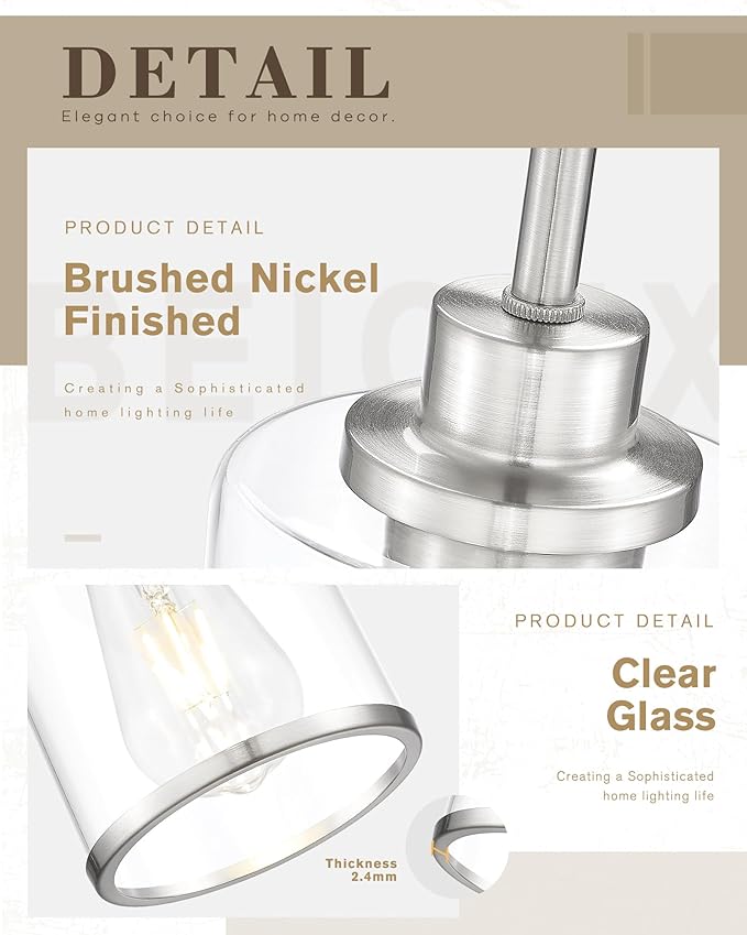 Beionxii Brushed Nickel Pendant Lights Kitchen Island 2 Pack, Hanging Lights Fixtures with Clear Glass, Kitchen Pendant Lighting Over Island, Hanging Lights for Sink Dining Room Entryway BX-PL02BN-2CG