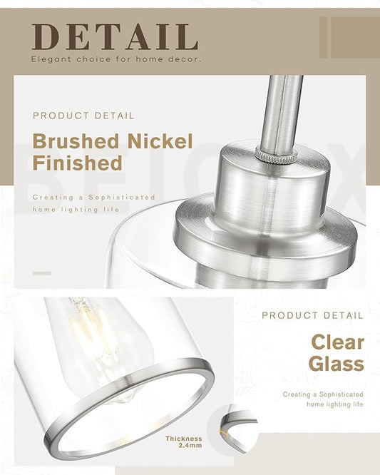 Beionxii Brushed Nickel Pendant Lights Kitchen Island, Hanging Lights Fixtures with Clear Glass, Kitchen Pendant Lighting Over Island, Hanging Lights for Sink, Dining Room, Entryway, BX-PL02BN-CG