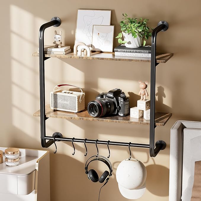 2 Tier Industrial Pipe Floating Shelf, 24" Kitchen Wall Shelves with Towel Bar & 6 Hooks, Coffee Bar Shelves Display Bookshelf Wall Shelf for Kitchen, Bathroom, Home Décor, Rustic Brown