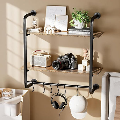 2 Tier Industrial Pipe Floating Shelf, 24" Kitchen Wall Shelves with Towel Bar & 6 Hooks, Coffee Bar Shelves Display Bookshelf Wall Shelf for Kitchen, Bathroom, Home Décor, Rustic Brown