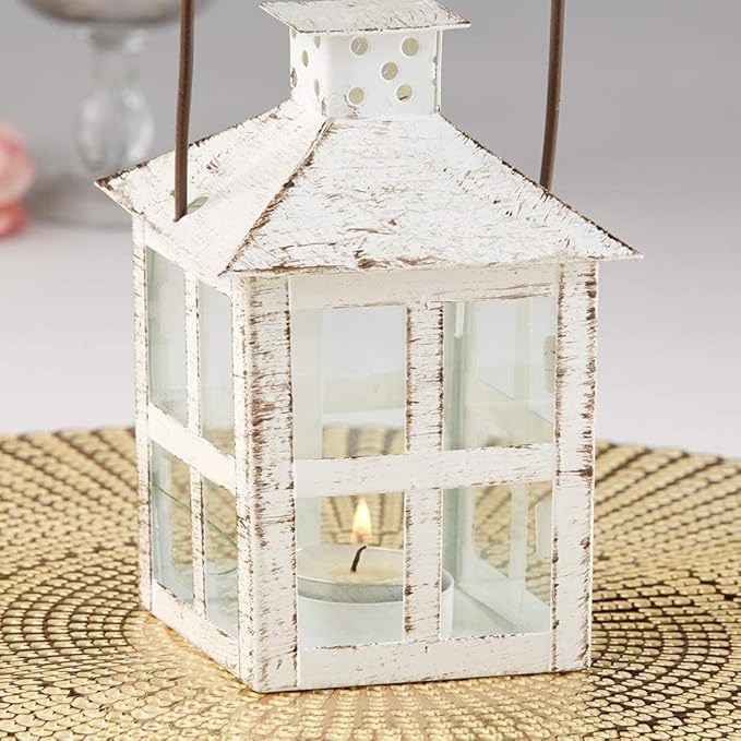 Kate Aspen Decorative Lanterns - Set of 12 - Distressed Metal Vintage Mini Lanterns, Centerpiece for Table, Accent Piece and Home Decor, Favors for Wedding and Baby Showers (White)