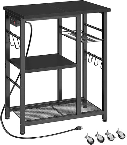YATINEY Movable Bakers Rack, Microwave Stand with Charging Station, Kitchen Storage Rack with Hooks and Basket, Casters and Adjustable Feet, for Small Space, Kitchen, Dining Room, Black HB04UBB