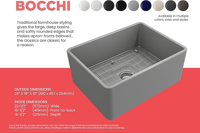 BOCCHI Classico Farmhouse Apron Front Fireclay 24 in. Single Bowl Kitchen Sink with Protective Bottom Grid and Strainer in M.Gray