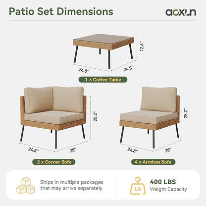 Aoxun Patio Furniture Set, 7 Piece Outdoor Sectional Sofas with Thick Cushion, Wicker Outdoor Patio Furniture Set with Coffee Table for Party, Garden, Backyard, Beige