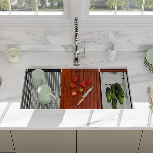 Undermount Kitchen Sink 33 Inch Single Bowl - Beslend Heavy-Duty 16 Gauge Stainless Steel Workstation, 10 Inch Deep Ledge Basin with Customized Accessories for Home Kitchen/Renovation