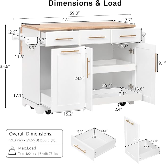 JIJIWANG 59.3" Kitchen Island with Storage 2 Pull Out Cabinet Organizers & Rubber Wood Drop Leaf, Rolling Island with Trash Can Storage, Power Outlet, Spice & Towel Rack for Kitchen, Dining, White