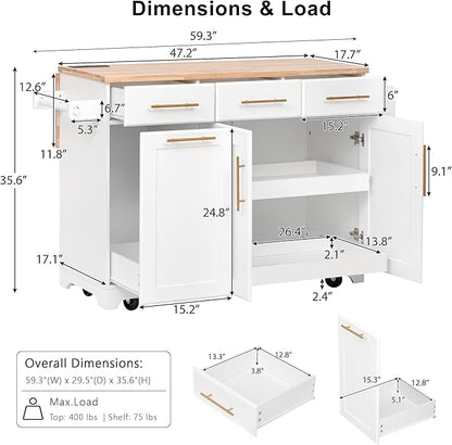 JIJIWANG 59.3" Kitchen Island with Storage 2 Pull Out Cabinet Organizers & Rubber Wood Drop Leaf, Rolling Island with Trash Can Storage, Power Outlet, Spice & Towel Rack for Kitchen, Dining, White