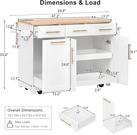 JIJIWANG 59.3" Kitchen Island with Storage 2 Pull Out Cabinet Organizers & Rubber Wood Drop Leaf, Rolling Island with Trash Can Storage, Power Outlet, Spice & Towel Rack for Kitchen, Dining, White