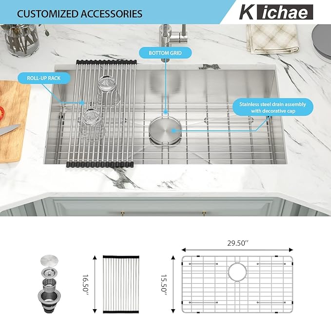Kichae 32 Inch Undermoun Kitchen Sink Single Bowl Stainless Steel Undermount 16 Gauge Round Corner Handmade Modern Rectangular Under Counter Kitchen Sinks