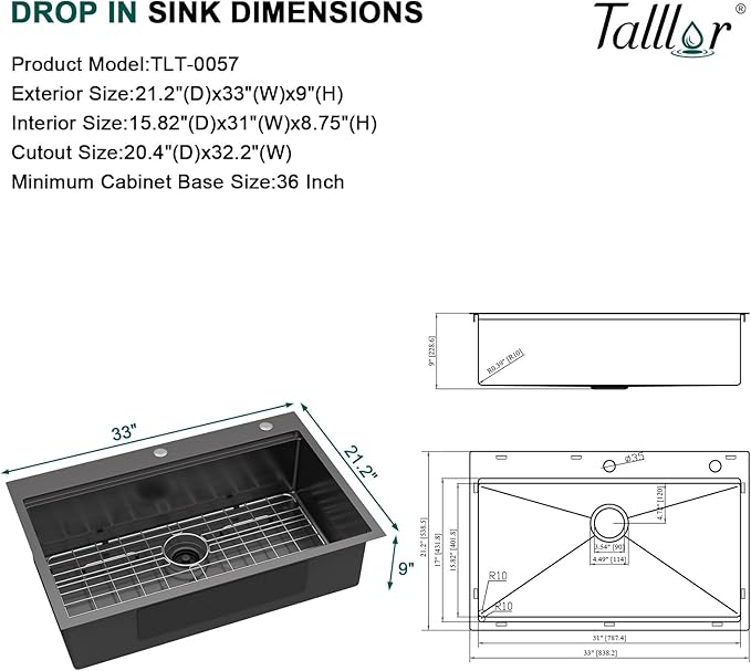 33 Inch Gunmetal Black Drop In Stainless Steel Kitchen Sink, Single Bowl 16 Gauge Workstation Large Sink with Mixing Bowl and Pasta Strainer #TLT-0057