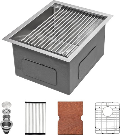 Mocoloo Square Undermount Bar Sink 15x15 Inch Single Bowl Undermount Kitchen Sink 16 Gauge Stainless Steel Bar Prep Workstation 9" Handmade Sinks