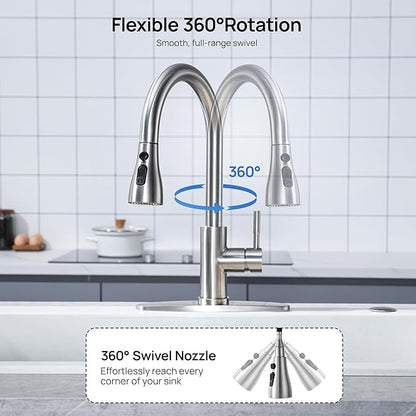 GAGALIFE Kitchen Faucets with Pull Down Sprayer - High Pressure Blade Spray Kitchen Sink Faucet, Brushed Nickel High Arc Single Handle Stainless Steel Classic Pull Out Spray Kitchen Faucet 1 or 3 Hole