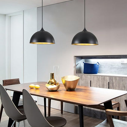 Pendant Lighting for Kitchen Island, 2 Pack 12" Dome Pendant Light Fixtures with Black and Gold Finish Farmhouse Industrial Hanging Pendant Light for Dining Room Restaurant Cafe Entryway