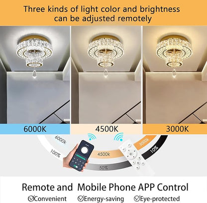 HAIXIANG Modern Glam Ceiling Chandelier Bedroom Light Fixtures Crystal Flat Sloping Ceiling Lights for Hallway Kitchen Dining Room Dimmable Light with Remote Gold