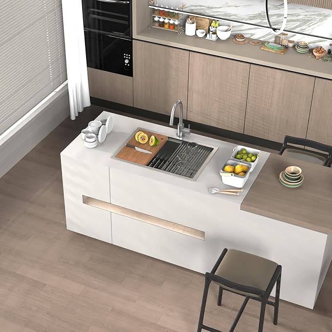 Kitchen Sink Workstation,27"x19" Stainless Steel Undermount Single Bowl Sink Built-in Ledge Drop In Workstation Sink Design For Placing/Sliding Accessories-Cutting Board And Drying Rack