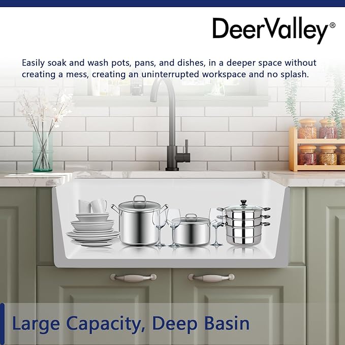 DeerValley Farmhouse Kitchen Sink 30 Inch, Ceramic White Farm Apron Front Sink, Drop in Single Bowl Sinks with Bottom Grid and Strainer