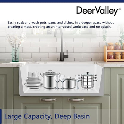 DeerValley Farmhouse Kitchen Sink 30 Inch, Ceramic White Farm Apron Front Sink, Drop in Single Bowl Sinks with Bottom Grid and Strainer