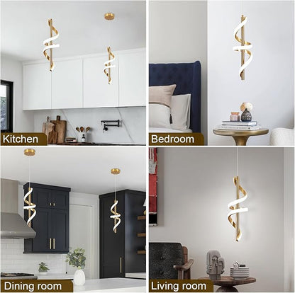 Spiral Led Pendant Light Fixtures, 5500K Gold Modern Led Pendant Lamp Kitchen Island, Adjustable Height Kitchen Island Lights Fixtures for Kitchen Island Dining Room Bedroom Sink, 3 Packs