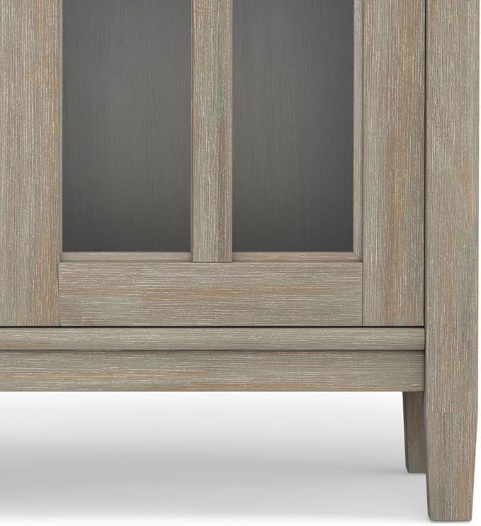 SIMPLIHOME Warm Shaker Storage Cabinet - 32 inch Wide Solid Wood 2-Shelf Low Storage Cabinet in Distressed Grey, Transitional Accent Cabinet for Entryway with Tempered Glass Doors and Shelves
