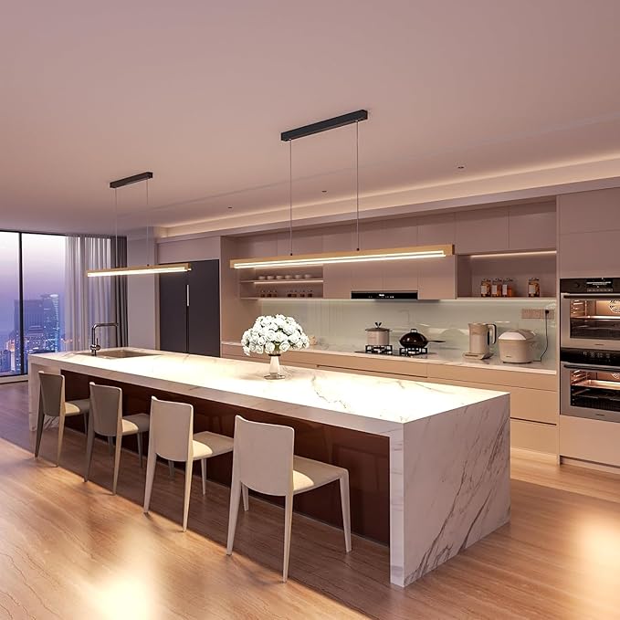 2 Pack 54" Linear Pendant Light Aluminum, 40W Gold Dimmable Kitchen Island Lighting with Remote App Control, Adjustable CCT (3000K-6000K), Modern Chandelier for Home Office Dining Room Study