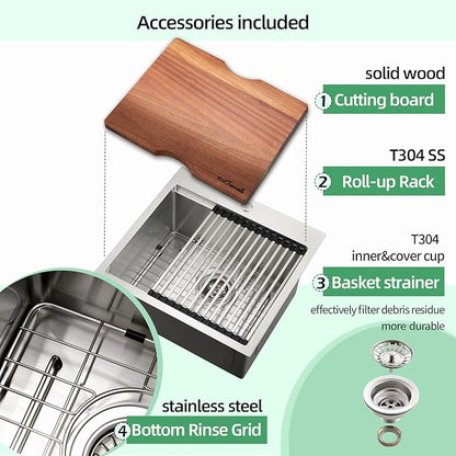 Kitchen Sink, 21 x 20 x 10 Drop in Kitchen Sink 16 Gauge Stainless Steel Kitchen Sinks Single Bowl Workstation Sink with Cutting Board