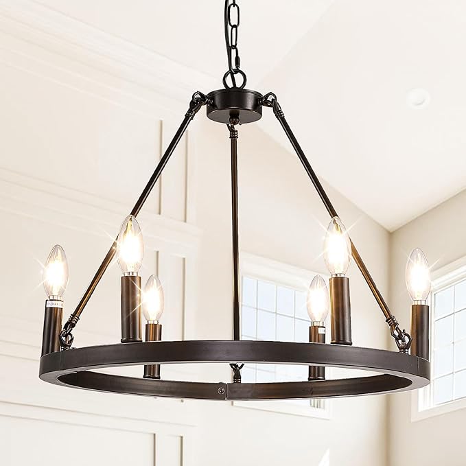 Black Chandelier, 6-Light Wagon Wheel Chandelier, Farmhouse Chandeliers for Dining Room, Rustic Kitchen Island Iight Fixtures, Dining Room Light Fixtures Over Table, for Living Room, Bedroom, Foyer