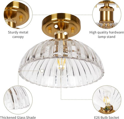 JYZ Semi Flush Mount Ceiling Light, Gold Ceiling Light Fixture with Brass & Ribbed Glass Shade, Vintage Light fixtures for Hallway, Entryway, Bathroom, Kitchen, Bedroom 2-Pack
