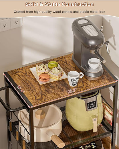 Feyejade Microwave Cart with Adjustable Shelves 3-Tier, Rolling Kitchen Cart with Push Handle, Microwave Stand with Storage, Small Utility Cart with Drawer Slider Shelf for Kitchen, Living Room