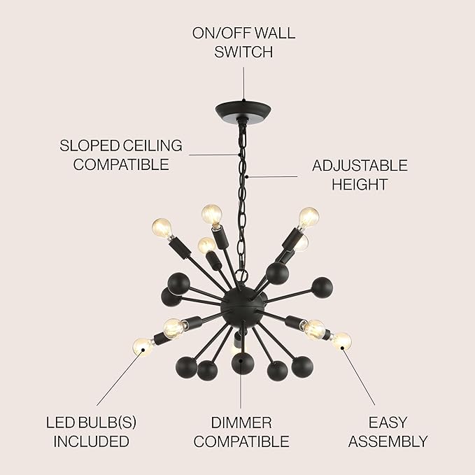 JONATHAN Y 19.5" Black 10-Light Iron Sputnik Chandelier, Mid-Century Modern Industrial Adjustable Height Ceiling Fixture for Dining Room Living Room, LED Bulbs Included JYL9061A