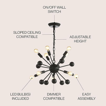JONATHAN Y 19.5" Black 10-Light Iron Sputnik Chandelier, Mid-Century Modern Industrial Adjustable Height Ceiling Fixture for Dining Room Living Room, LED Bulbs Included JYL9061A