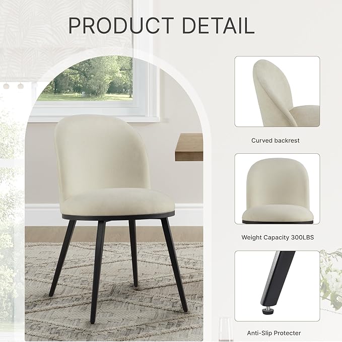 KISLOT Dining Chairs Set of 2, Fabric Upholstered Dining Room Chairs with Ergonomic Backrest & Metal Legs, Modern Kitchen Side Chairs for Home, Restaurant, and Café, Coconut