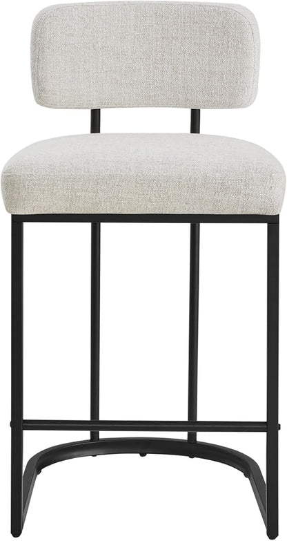 26" H Counter Height Bar Stools Set of 4, Modern Linen Fabric Upholstered Barstools with Backrest for Kitchen Island, Black Metal Frames, Wheat