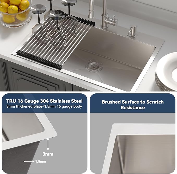 Lordear 28 Drop In Kitchen Sink 28 x 22 Kitchen Sinks Single Bowl Drop In Stainless Steel 16 Gauge R10 Tight Radius Topmount Kitchen Sink