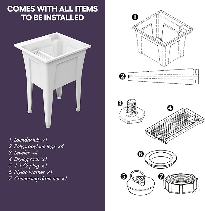 24” Utility Sinks for Laundry Room, Garage, Garden, Basement – Noah William Home Indoor and Outdoor Polypropylene Basement Wash Tub - No Faucet Included (White)