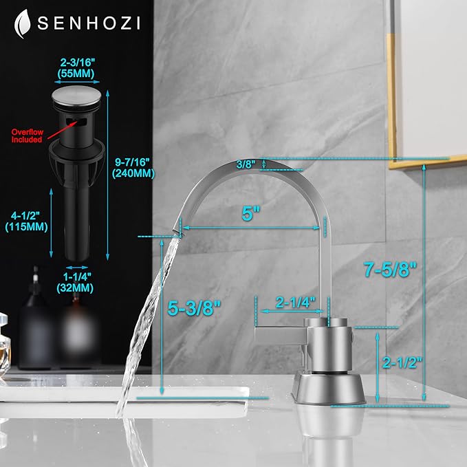 2 Handle Bathroom Faucets 3 Hole Brushed Nickel, Centerset Bathroom Sink Faucet with Pop up Drain and 2 Supply Lines, Modern Vanity RV Faucet, SE-0048-BN