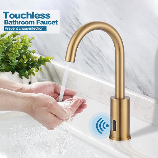 Automatic Touchless Bathroom Sink Faucet, WOWOW Motion Automatic Sensor Bathroom Faucet with Deck Plate, 1 or 3 Holes Motion Sensor Vanity Tap Hands Free Temperature Mixer, Brushed Gold