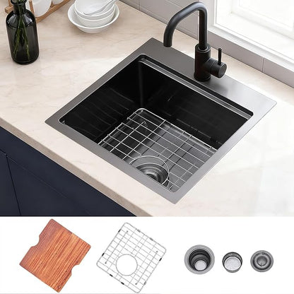 18x18" Gunmetal Black Drop In Bar Sink, Stainless Steel Workstation Topmount 9 Inch Deep Single Bowl Kitchen Prep RV Sink with Cutting Board